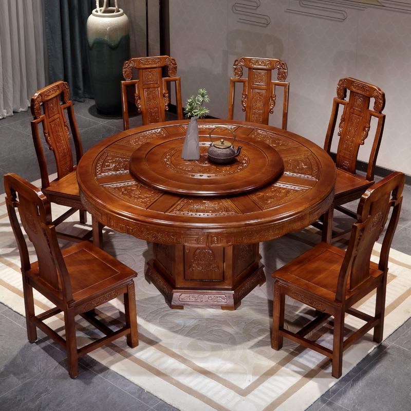 202新款实木餐桌椅家用客厅大圆桌10人饭店农村中式圆形饭桌