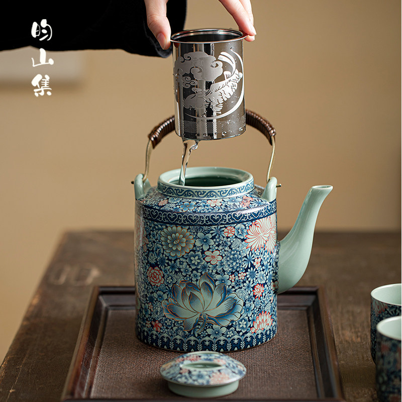 汝窑青花提梁壶复古老式茶壶大容量陶瓷冷水壶家用泡茶壶内置滤网