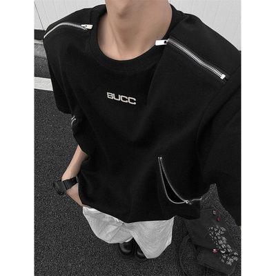 黑色垫肩t恤金属拉链设计