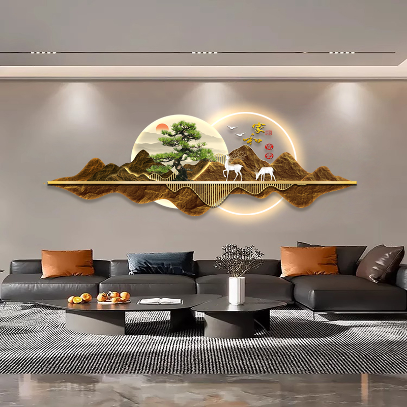 新款LED气氛灯客厅装饰画现代沙发背景墙挂画书房迎客松壁画