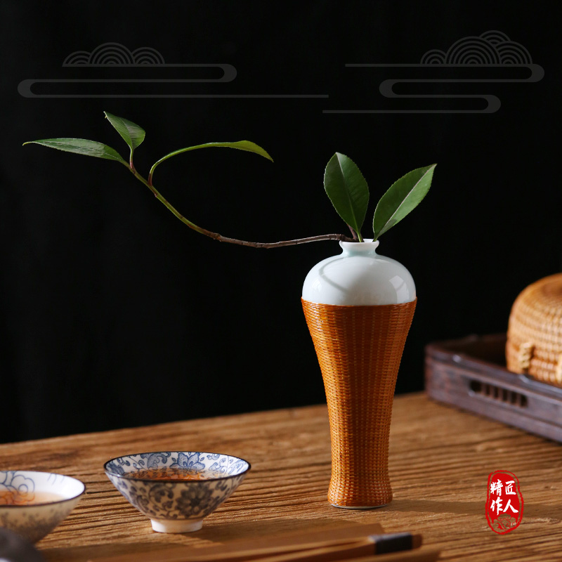 中式创意非遗手工瓷胎竹编工艺竹丝扣茶室花瓶梅瓶茶桌花器