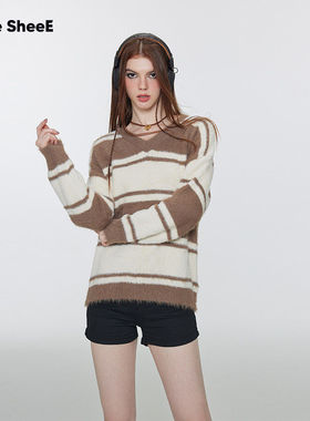 【甜甜粉丝专享】美式复古辣妹条纹毛衣女早秋冬新款仿貂毛针织衫
