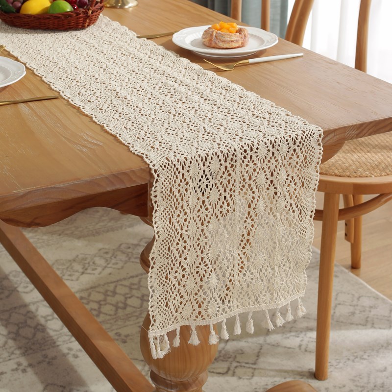 加宽针织镂空钩针田园风流苏桌旗米色蕾丝餐边五斗柜茶几装饰布