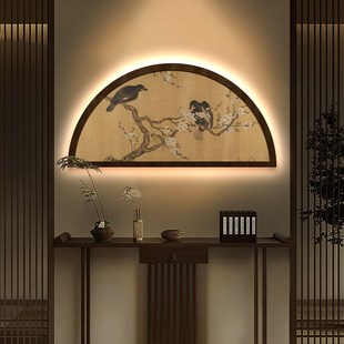 中式半圆形沙发背景墙装饰画中古风客厅花鸟挂画高级感床头壁灯画