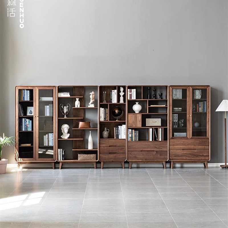 北美黑胡桃全实木书柜墙格子书架玻璃门组合置物柜落地储物展示柜
