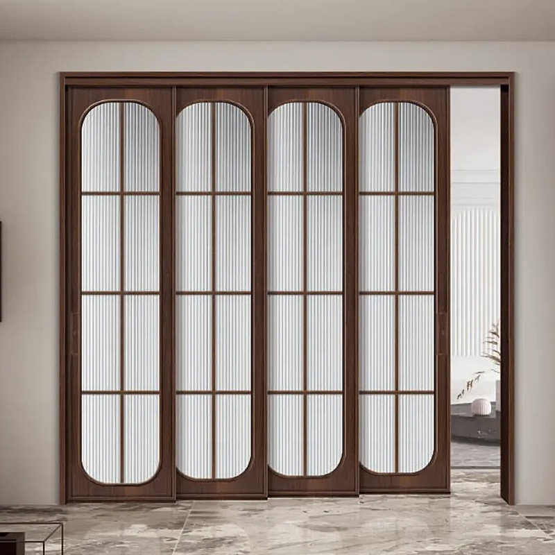 三联动推拉门实木格子门极简风原木风玻璃门书房吊轨隔断折叠门