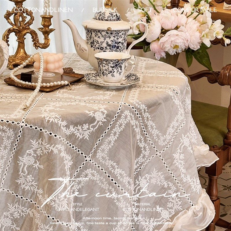 法式复古韩式刺绣荷叶边长方形台布茶几餐桌布防尘甜品圆桌盖巾布