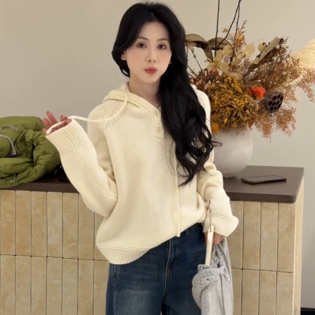 韩系连帽针织衫女秋冬显瘦小个子