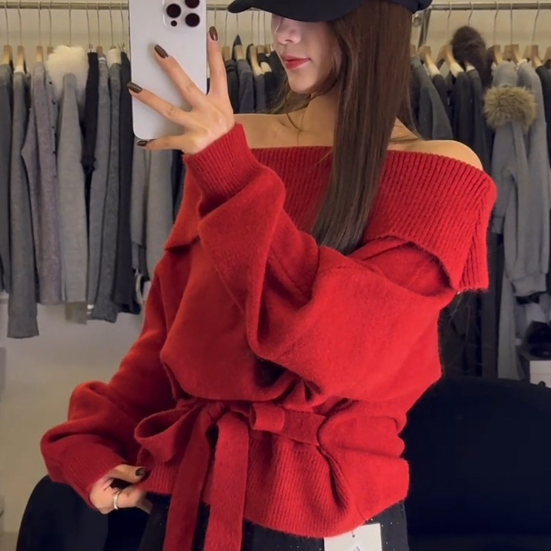 设计感一字肩红色软糯收腰氛围感毛衣女2025新年爆款气质内搭上衣,女装/女士精品,大码内搭,淘宝优惠券,粉丝福利购,淘宝优惠卷