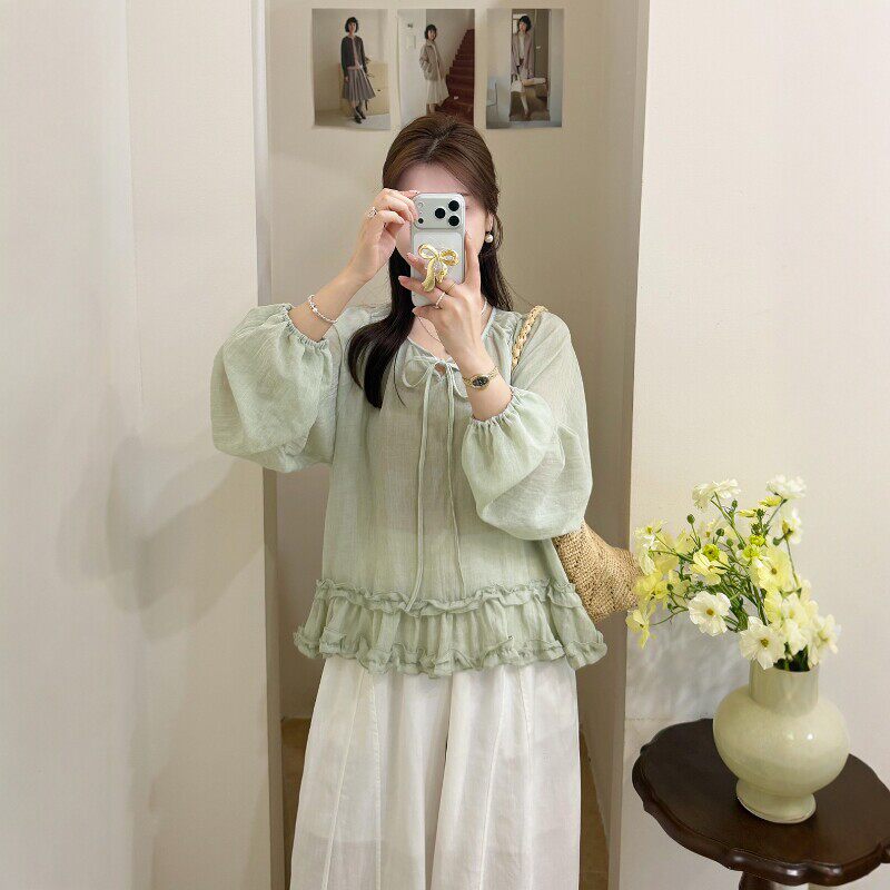 韩系温柔气质少女感chic洋气木耳边系带衬衫2026新款通勤防晒上衣