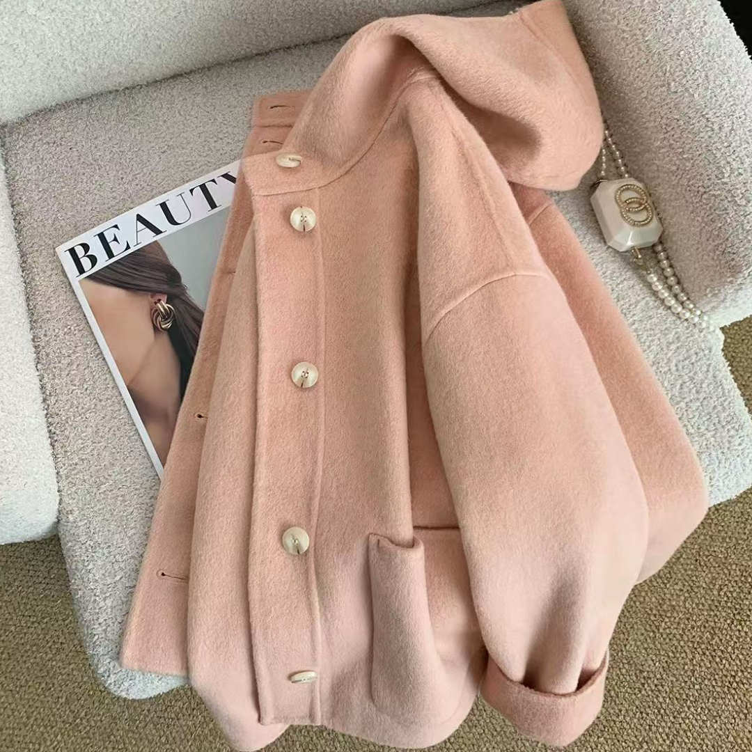 超好看粉色独特漂亮气质毛呢外套