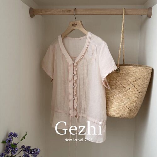 女士荷叶边系带压褶短袖娃娃杉夏