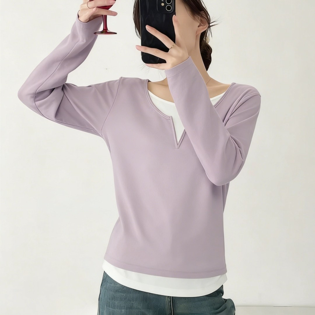 春季新款撞色假两件长袖T恤棉设计感修身显瘦大码内搭打底上衣女,女装/女士精品,大码内搭,淘宝优惠券,粉丝福利购,淘宝优惠卷
