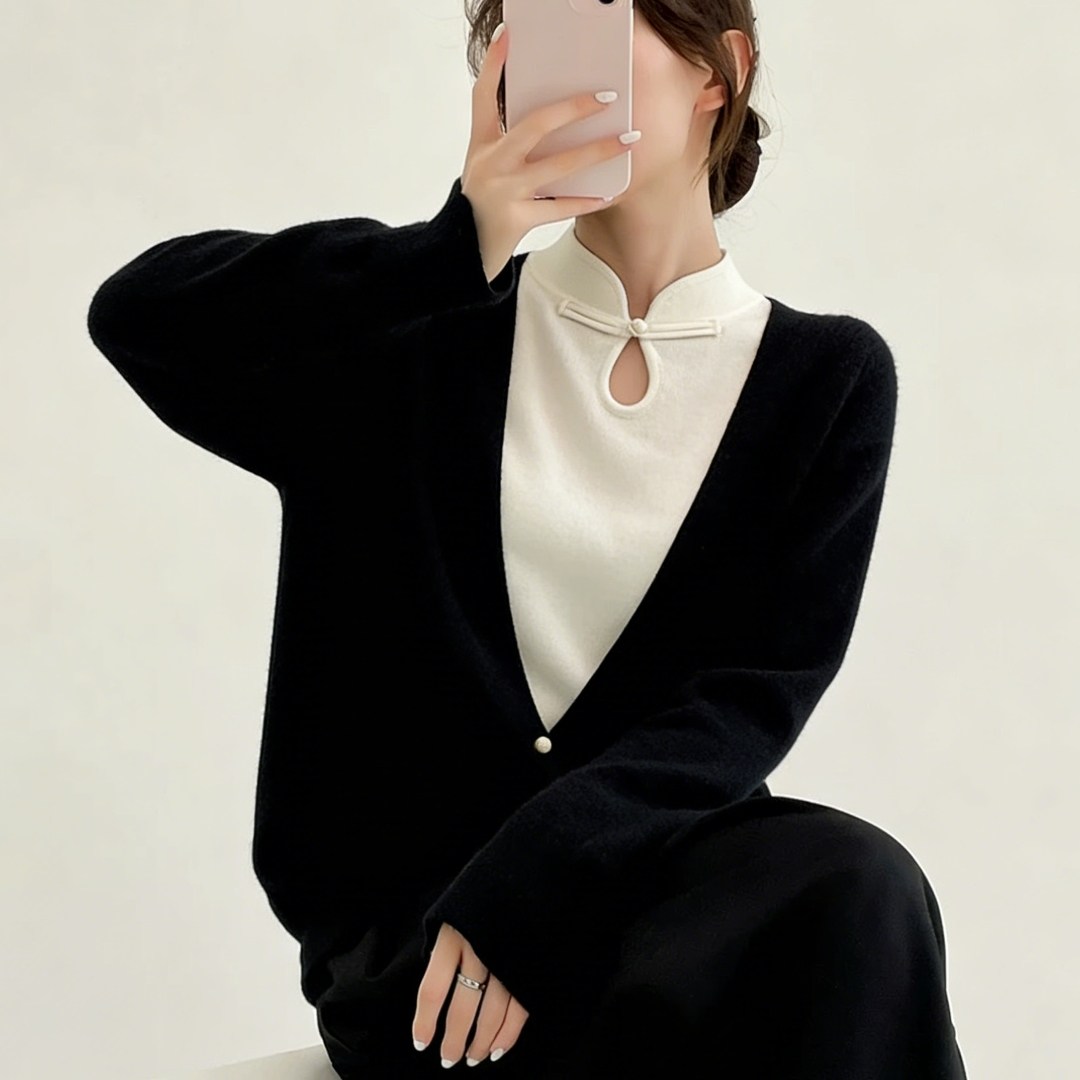 新中式气质假两件女士显瘦针织上衣设计感春季水滴领日常通勤衬衫,女装/女士精品,大码内搭,淘宝优惠券,粉丝福利购,淘宝优惠卷