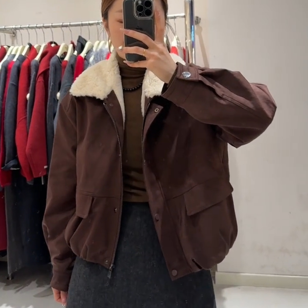 新款简约休闲毛领短款夹克外套女