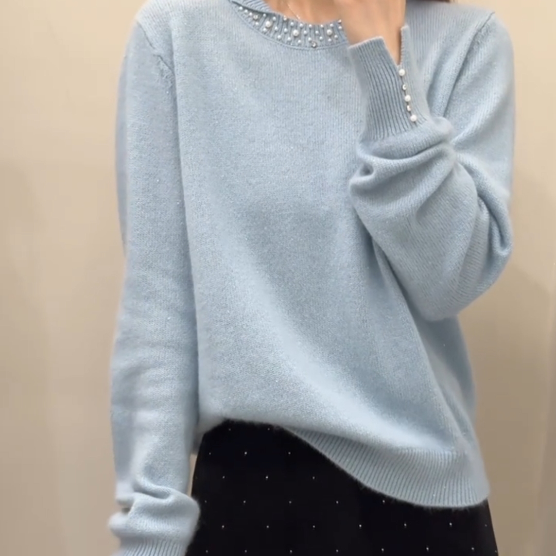 秋冬慵懒风蓝色钉珠针织上衣女潮