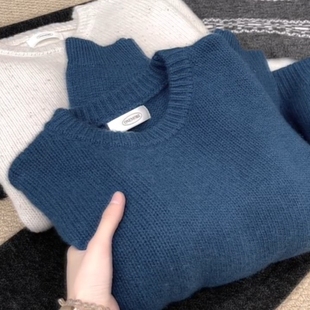 2025冬季 巨显白慵懒风蓝色宽松毛衣女设计感套头加厚针织上衣 新款