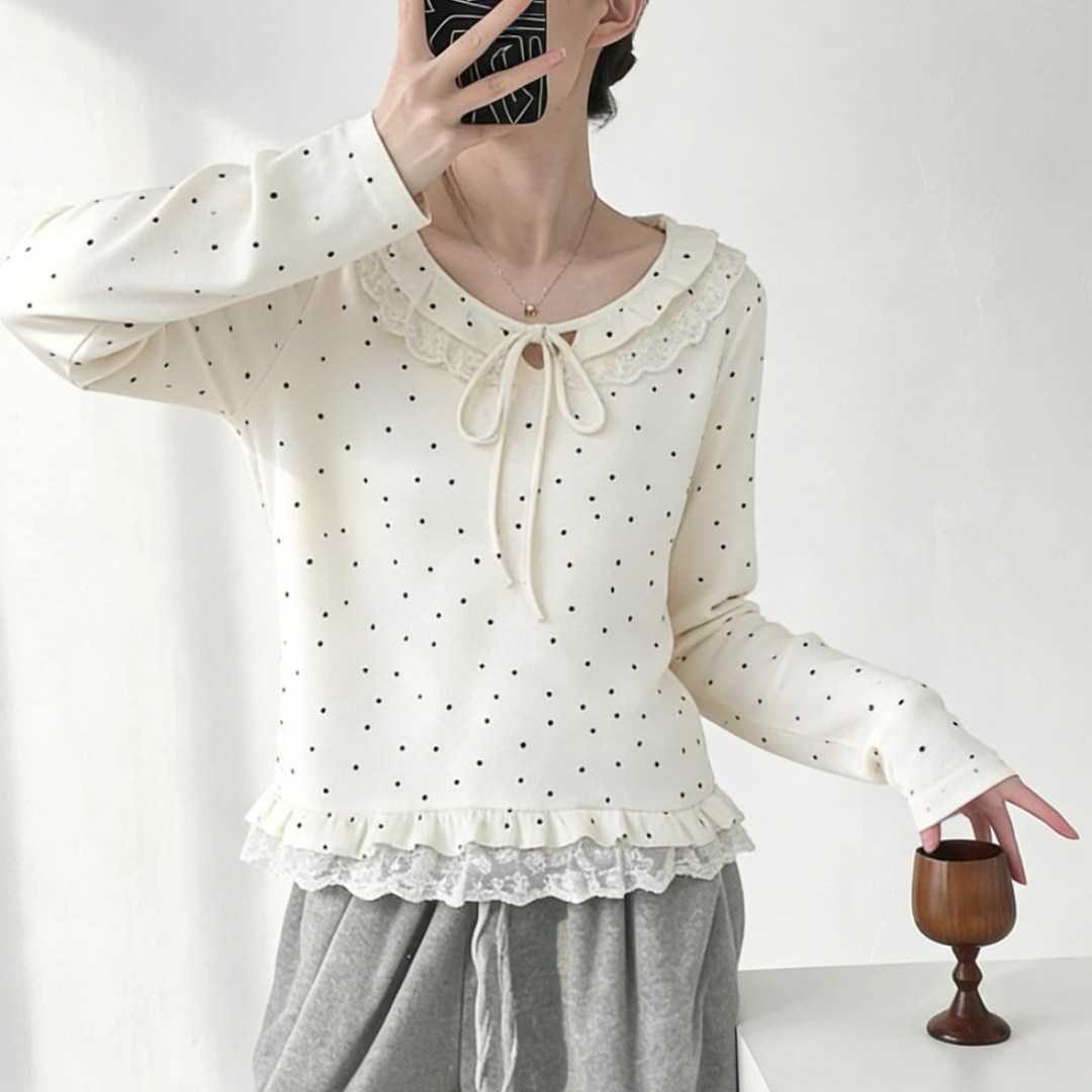 韩系时尚简约蕾丝花边波点长袖T恤女设计感春季小众显瘦针织衫潮,女装/女士精品,大码内搭,淘宝优惠券,粉丝福利购,淘宝优惠卷