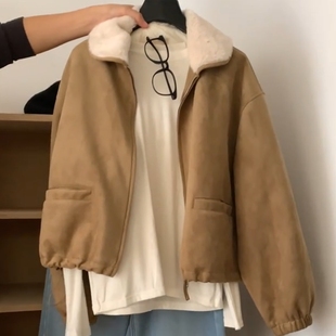 美拉德色系复古洋气小个子羊羔毛翻领保暖初冬夹克短外套2025新款