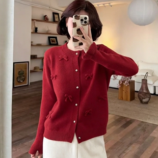 红色本命年跨年穿搭套头毛衣女款2026春季新款蝴蝶结女士微胖上衣