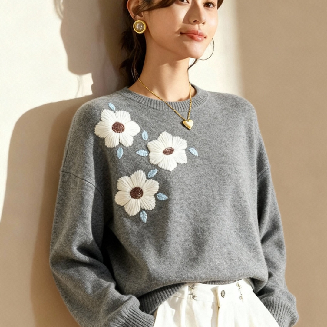 慵懒风刺绣花朵灰色针织毛衣女冬