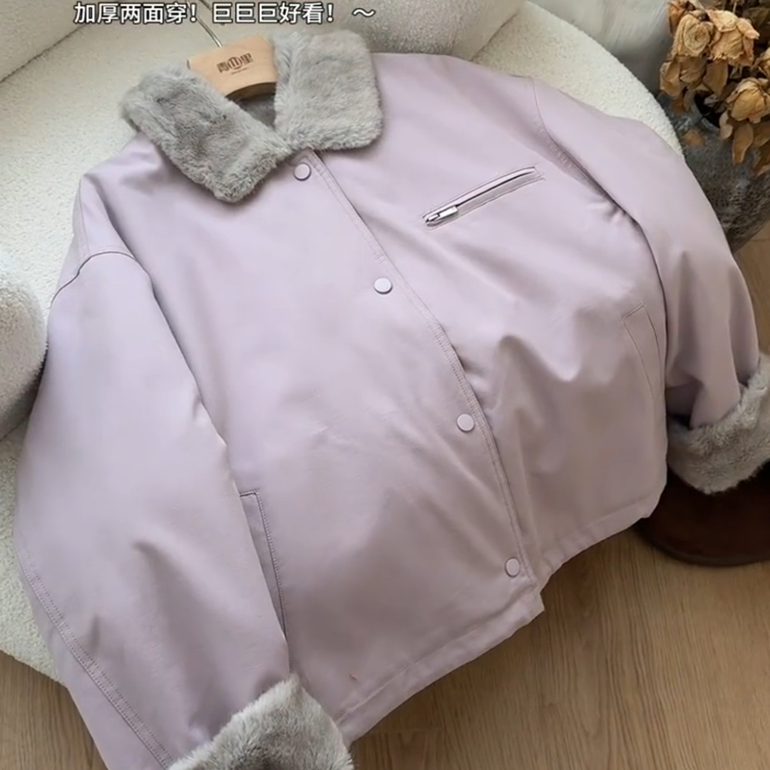 高级感温柔紫保暖复古棉服外套冬