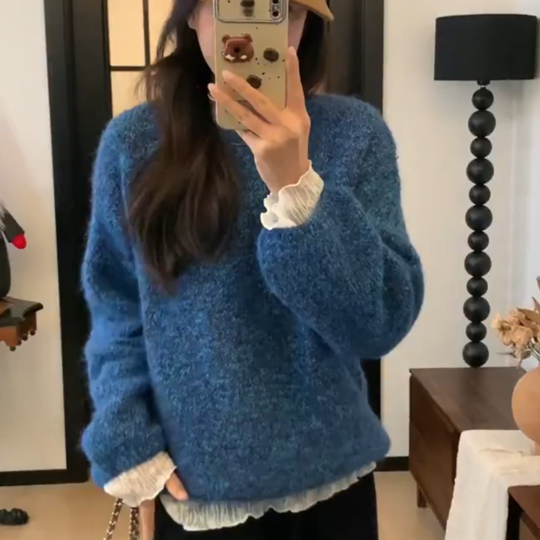 2025新款宽松蓝色针织毛衣女秋冬