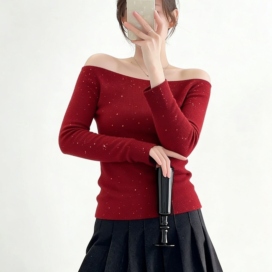 法式气质轻奢港风满天星细闪一字肩内搭针织打底衫女2026春季新款,女装/女士精品,大码内搭,淘宝优惠券,粉丝福利购,淘宝优惠卷