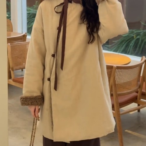 蝶结系带中长款棉衣棉袄宽松外套