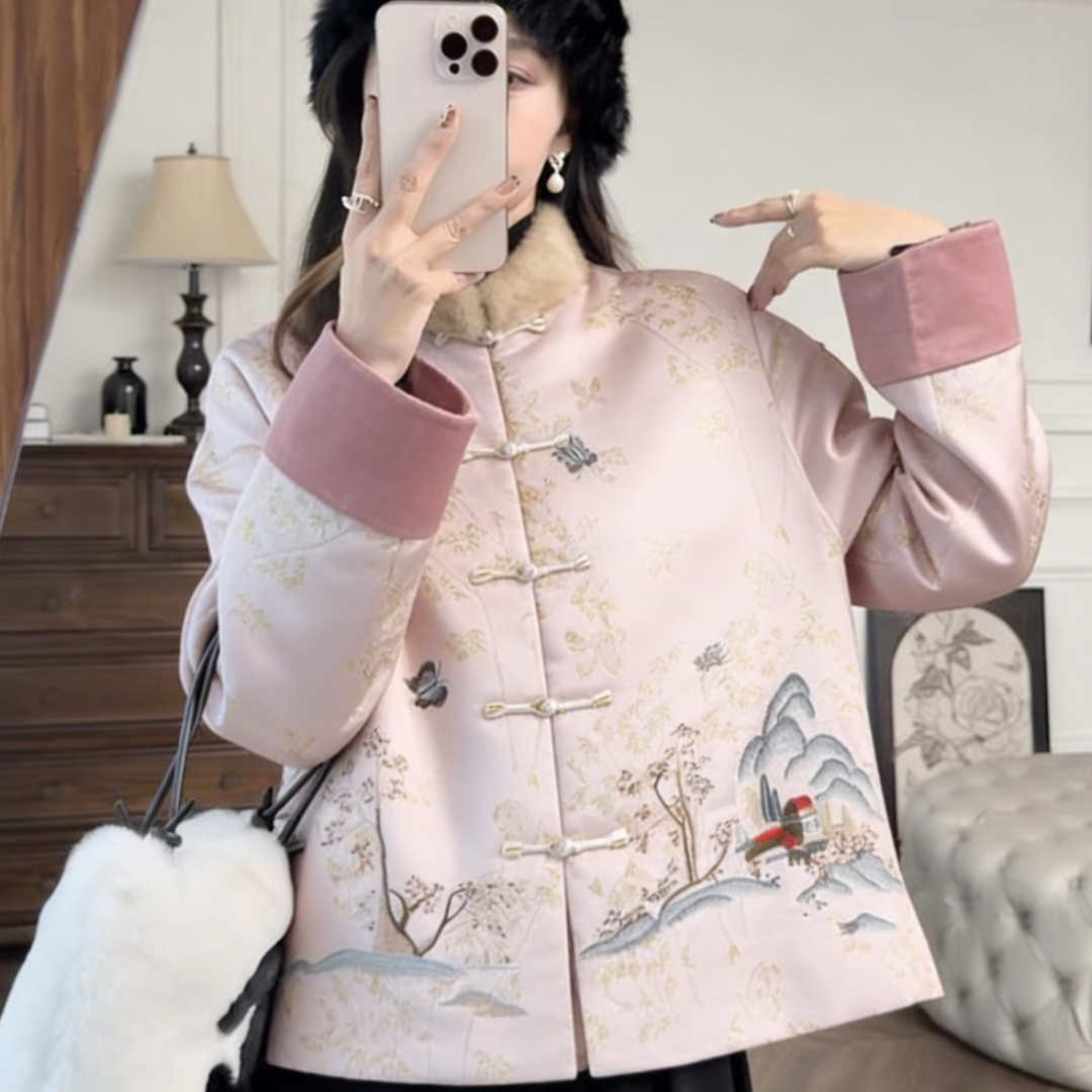 新中式女装复古提花棉服外套女冬