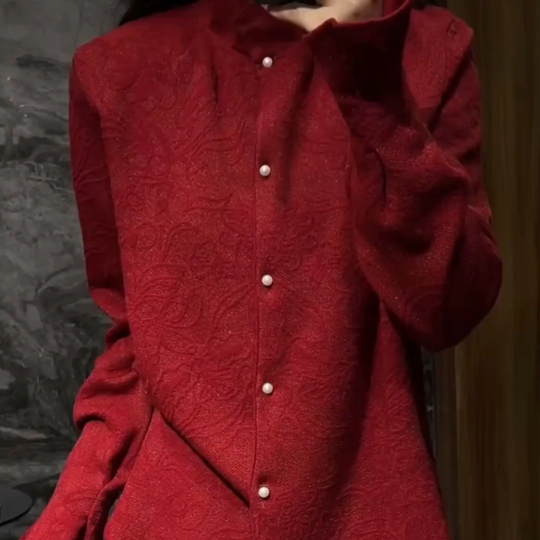 欧货高端气质老钱风红色高领长袖衬衫2025新款单排扣可外穿上衣女,女装/女士精品,大码内搭,淘宝优惠券,粉丝福利购,淘宝优惠卷