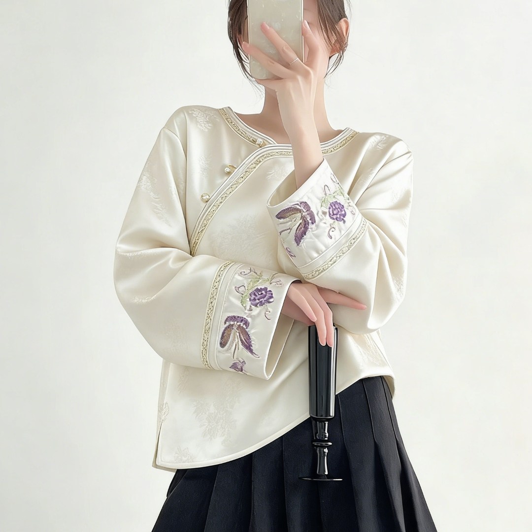 新中式复古重工刺绣圆领斜襟长袖上衣女高级感内搭打底衫国风衬衫,女装/女士精品,大码内搭,淘宝优惠券,粉丝福利购,淘宝优惠卷