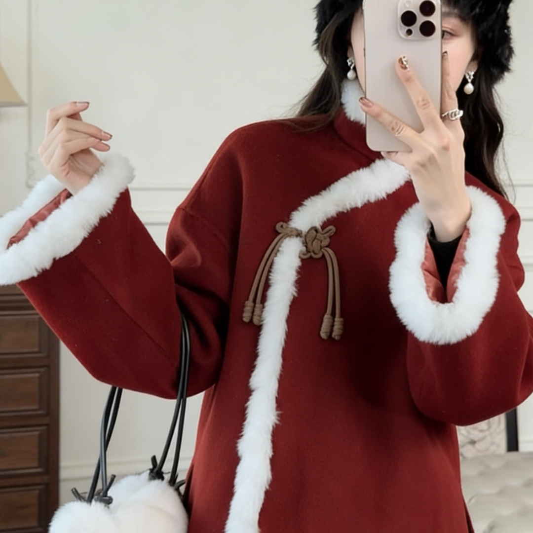 圣诞新年新中式大码保暖旗袍外套