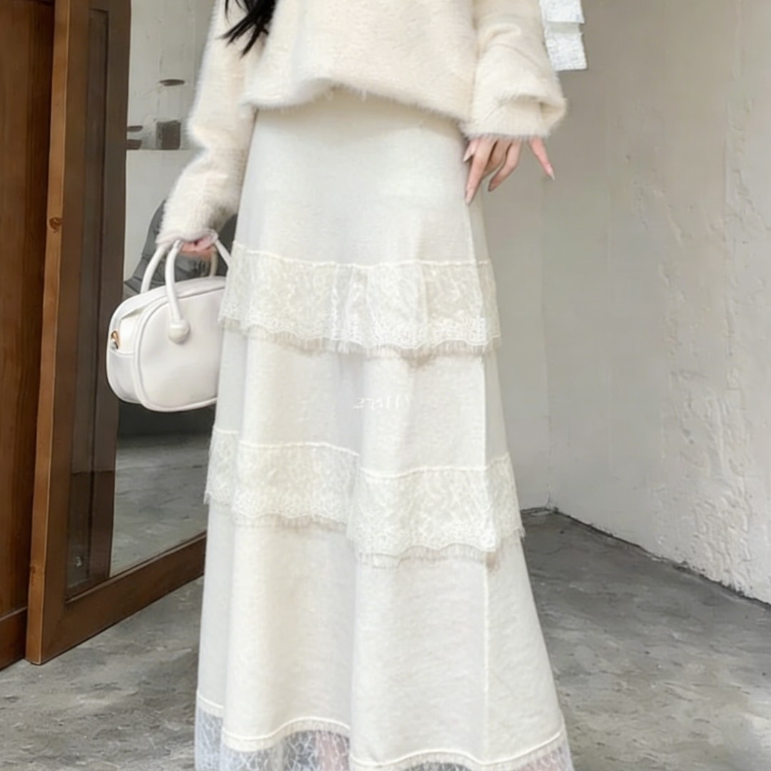 春季新款气质轻奢蕾丝拼接针织半身裙高级感梨型身材a字大摆长裙,女装/女士精品,大码半身裙,淘宝优惠券,粉丝福利购,淘宝优惠卷