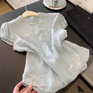 新款 新中式 T恤女2025夏季 蓝色提花短袖 国风设计感显瘦上衣潮 时尚