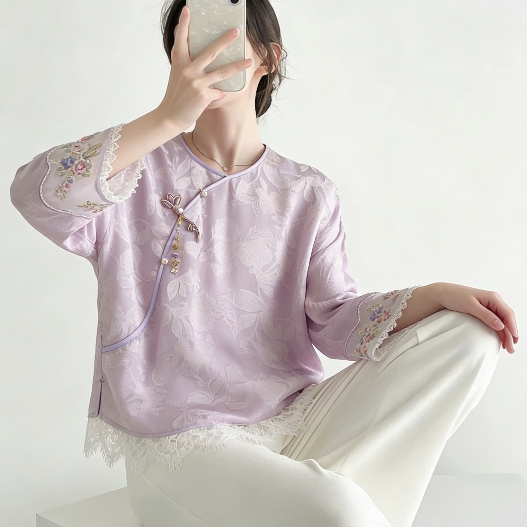 阁脂家新中式女士气质优雅端庄温柔提花蕾丝拼接刺绣通勤内搭衬衫,女装/女士精品,大码内搭,淘宝优惠券,粉丝福利购,淘宝优惠卷