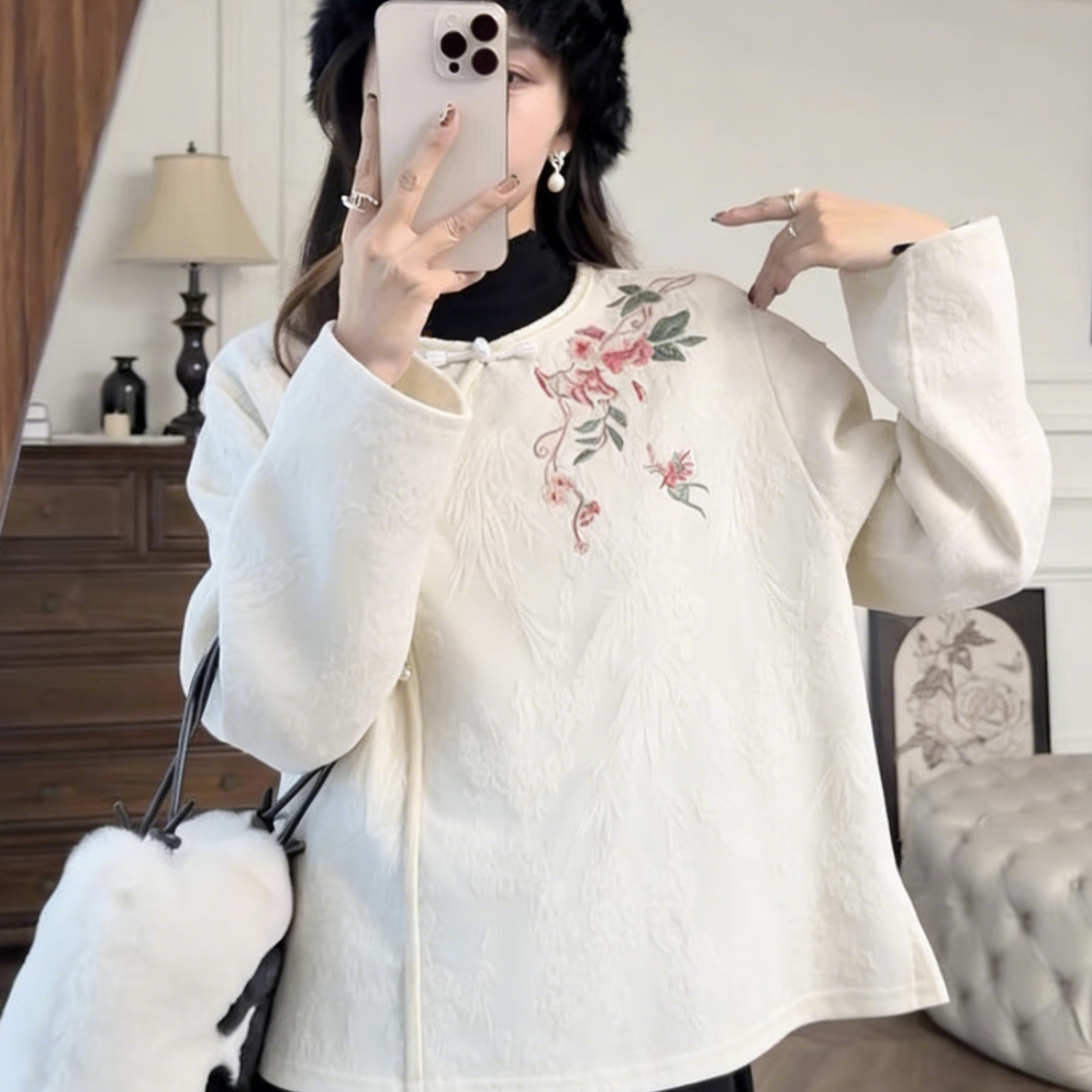 新中式复古清冷感刺绣圆领小衫冬