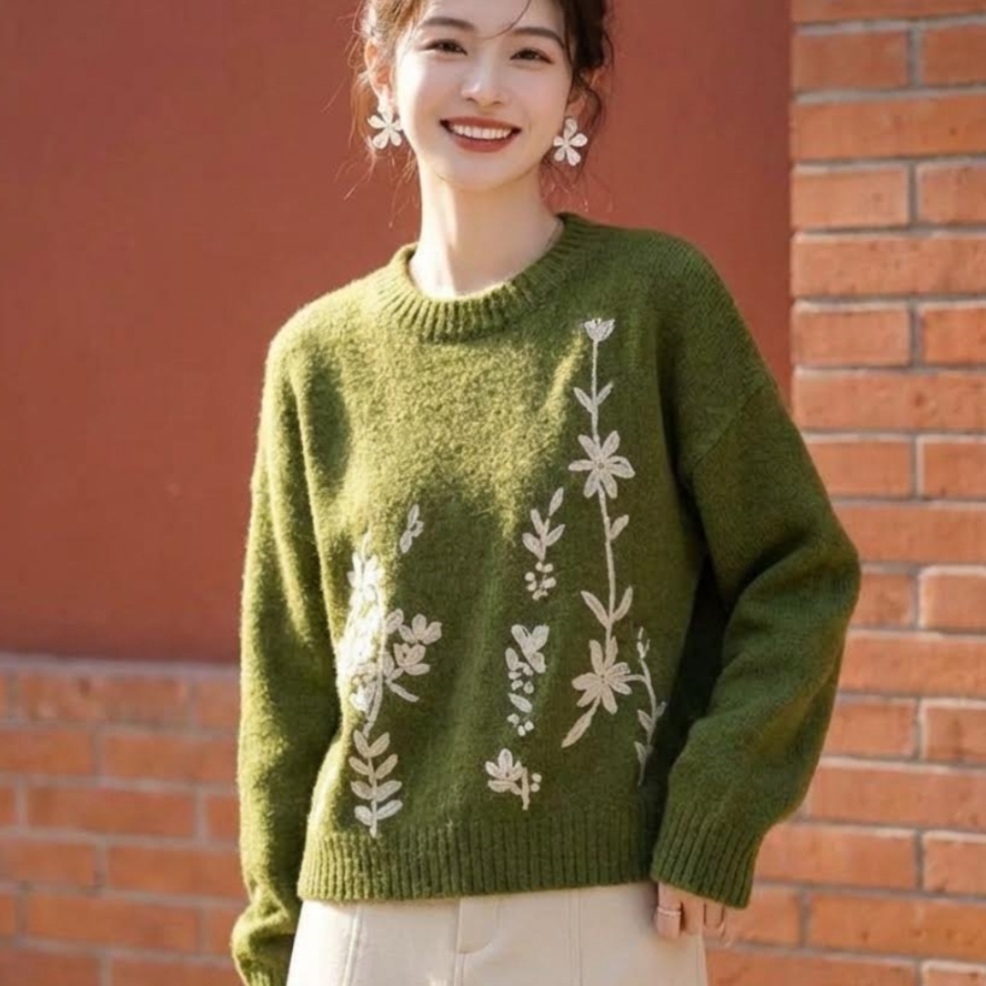 新中式复古刺绣绿色超显白针织衫