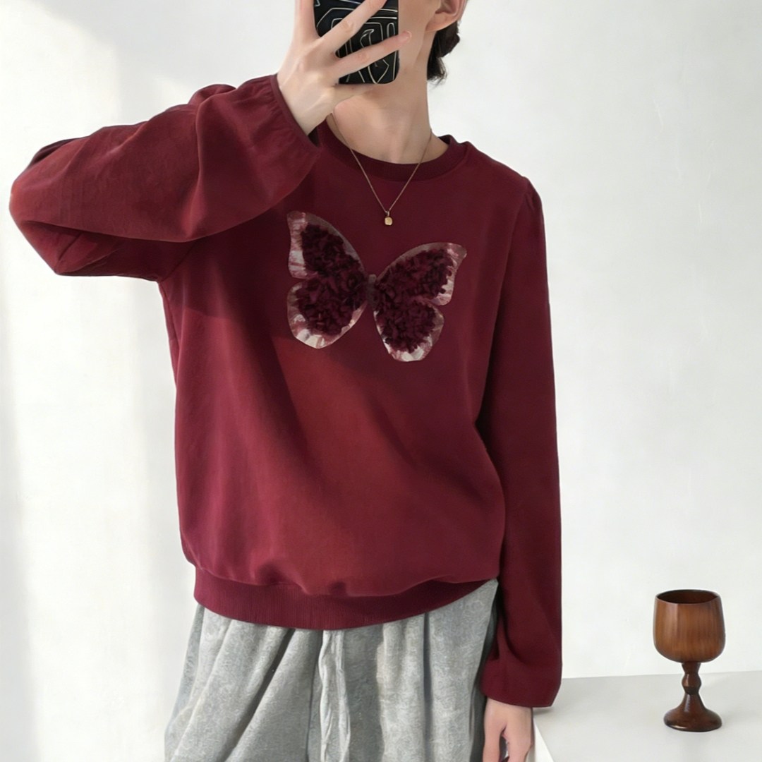 新年节日氛围感安可拉红圆领卫衣慵懒风重工蝴蝶刺绣宽松显瘦上衣,女装/女士精品,大码内搭,淘宝优惠券,粉丝福利购,淘宝优惠卷