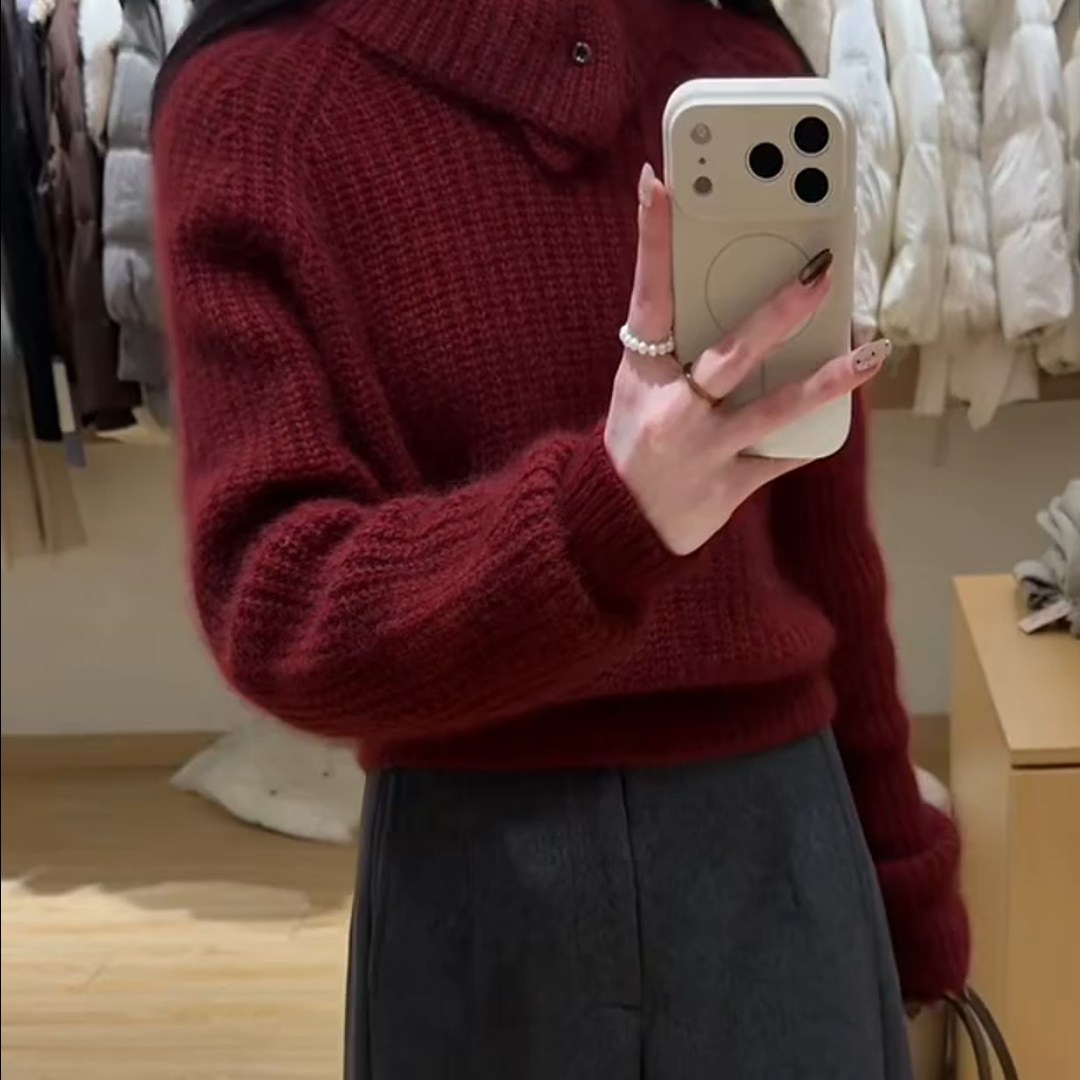 欧货高端老钱风气质轻奢新年红色针织毛衣秋冬慵懒风肌理感上衣女,女装/女士精品,大码内搭,淘宝优惠券,粉丝福利购,淘宝优惠卷