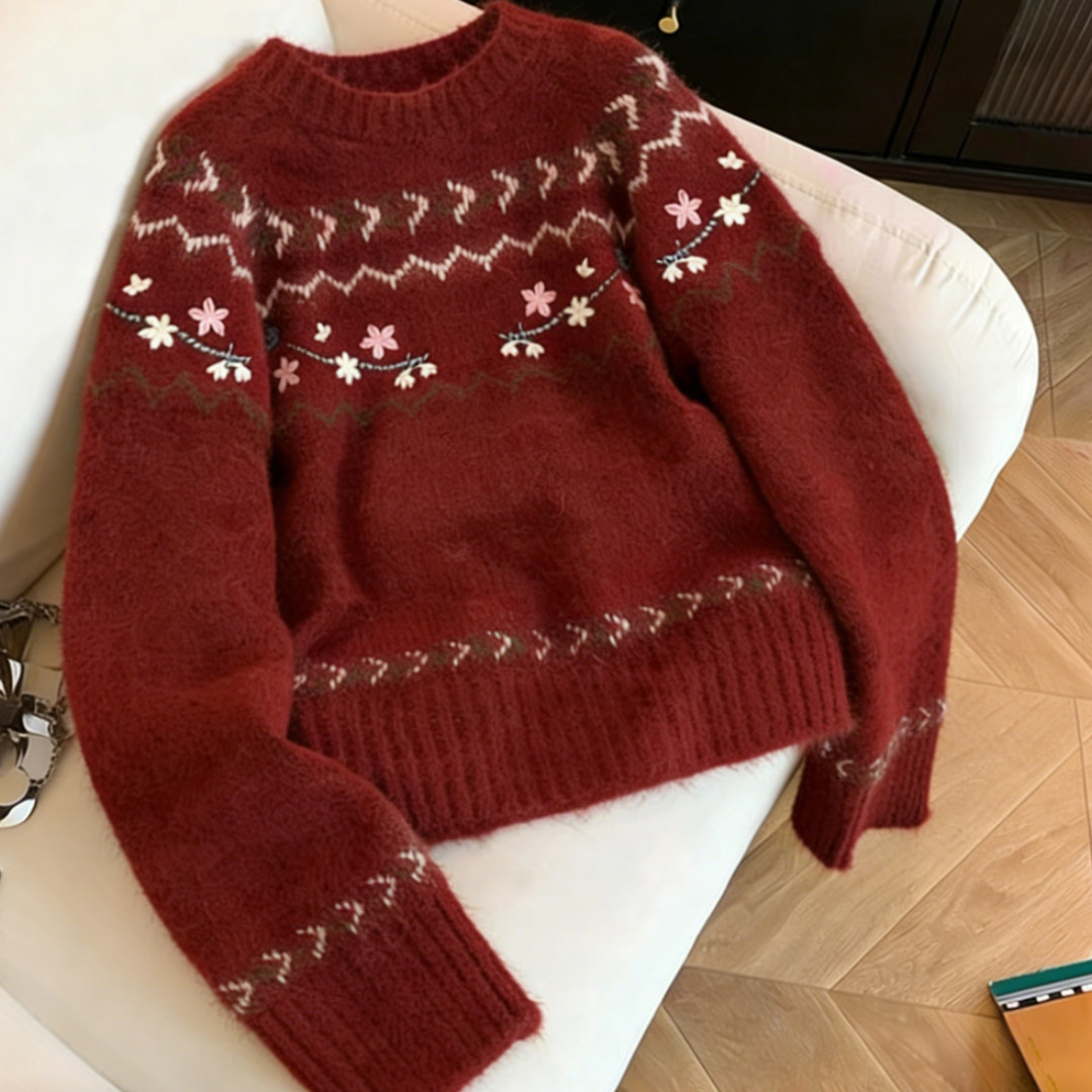 新年复古氛围感费尔岛红色毛衣女2025冬季新款巨显白加厚针织上衣,女装/女士精品,大码内搭,淘宝优惠券,粉丝福利购,淘宝优惠卷