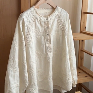 新款 法式 高级感春季 衬衫 宽松遮肉百搭上衣女 文艺复古重工刺绣长袖