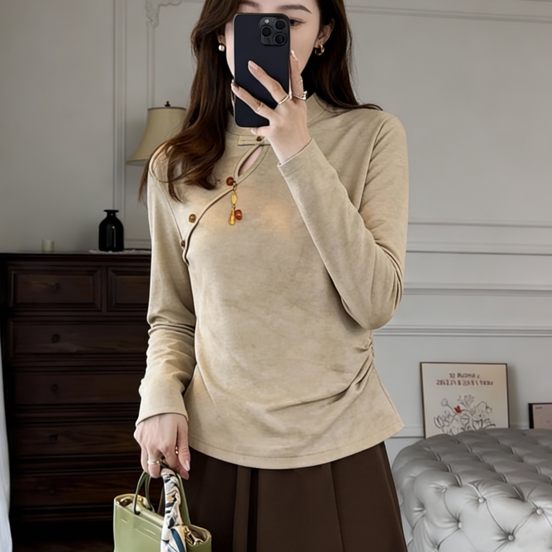 新中式杏色长袖大码秋冬打底T恤