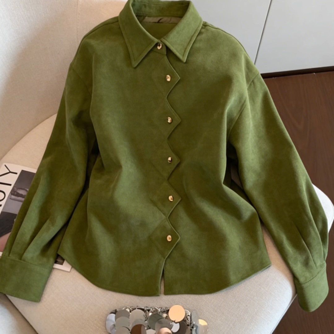 法式复古绿色翻领显瘦长袖衬衫冬