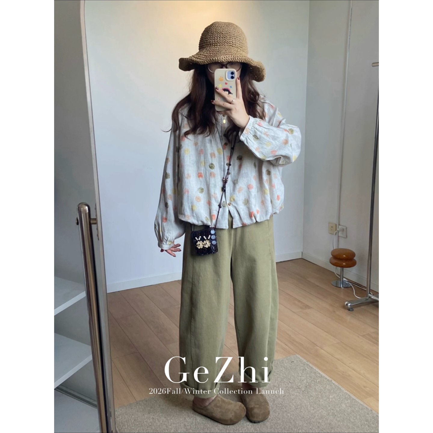 森系文艺感立领彩色圆点排扣衬衫女宽松减龄可爱气质洋气时髦上衣