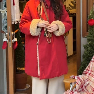 2025冬季新款圣诞新年战袍高级感新中式复古红色大码棉衣棉袄外套