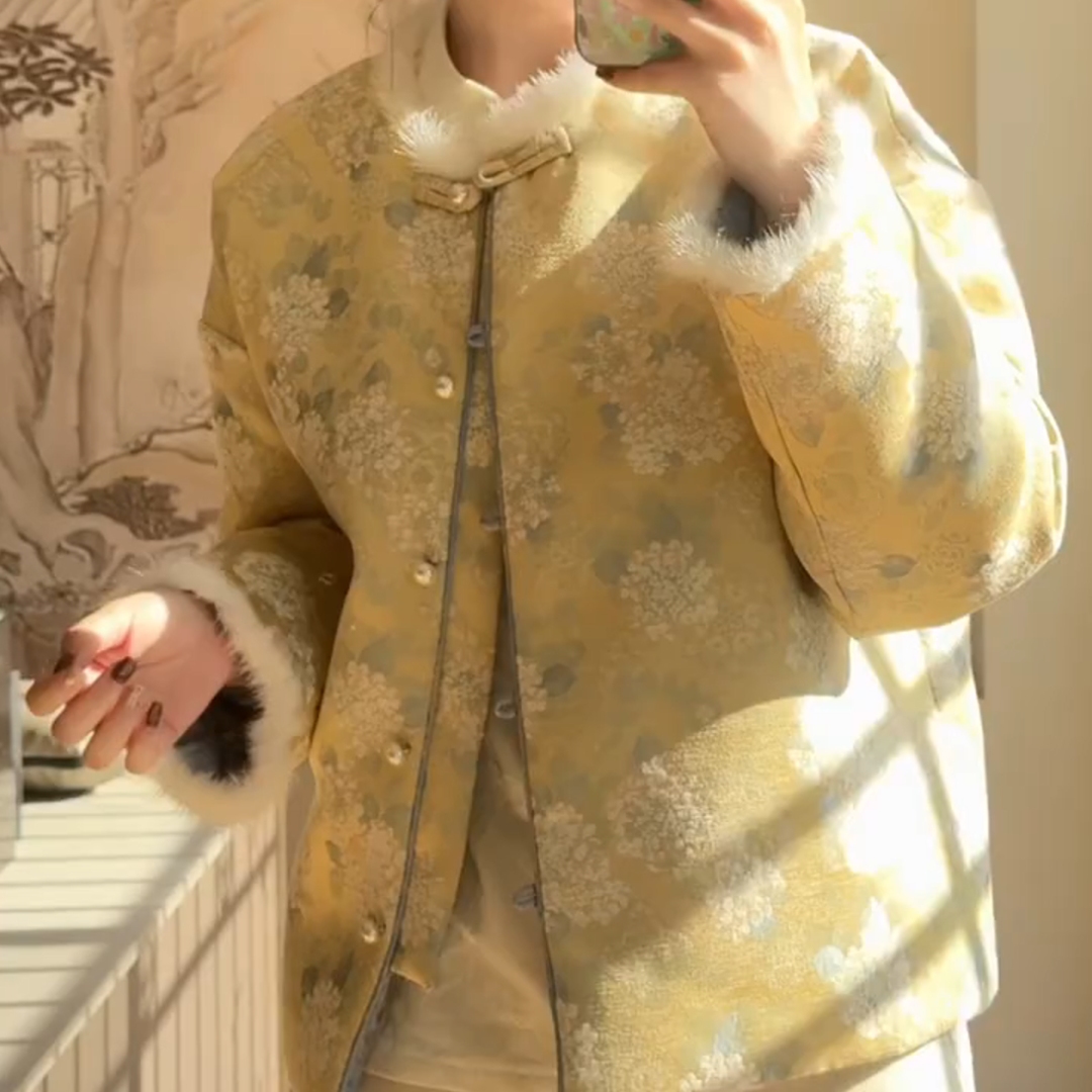 冬季新中式宋锦夹棉大码女装外套