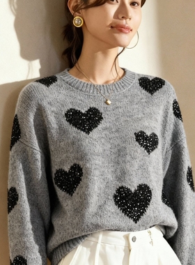 灰色重工细闪爱心提花针织上衣女2025冬季新款今年流行宽松毛衣潮