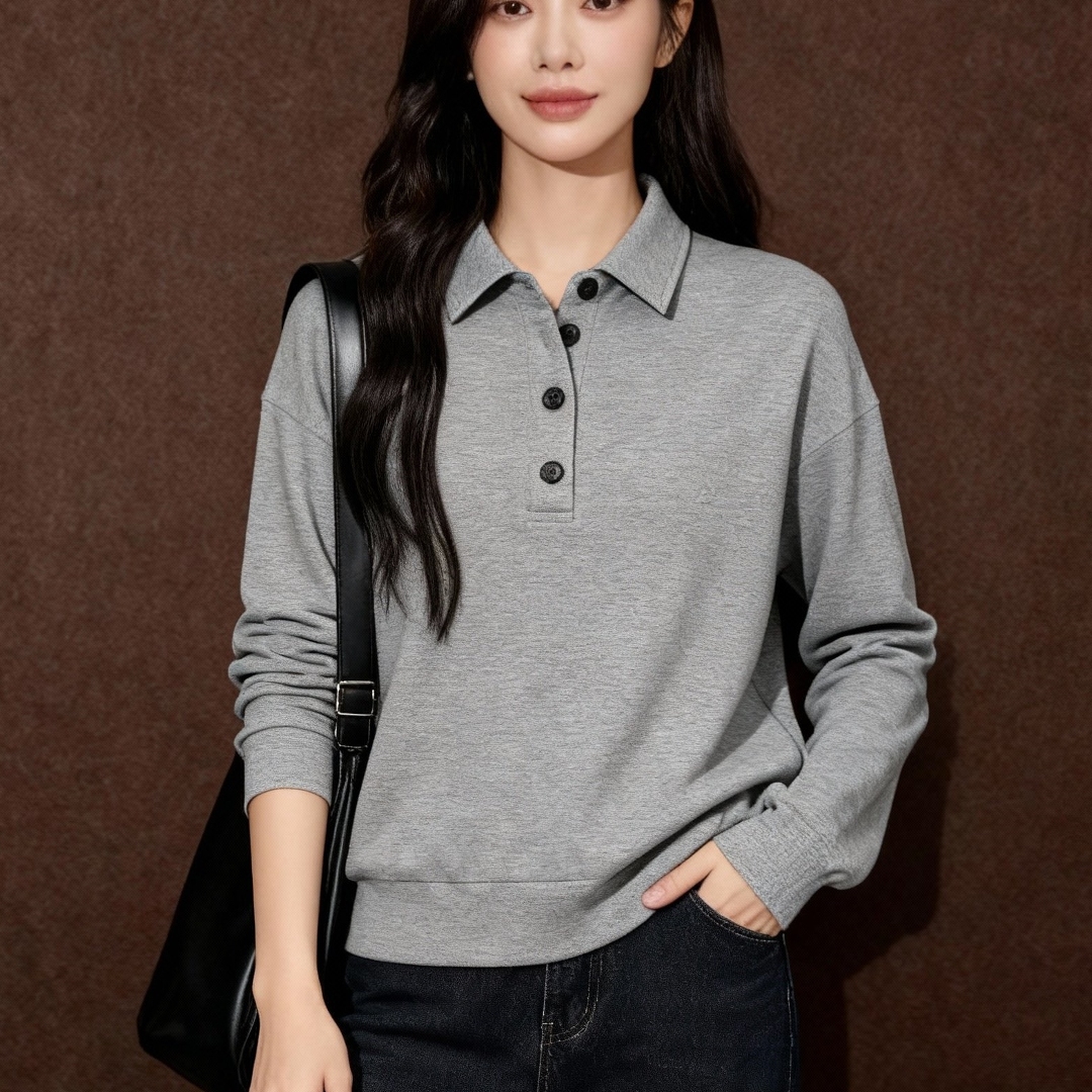极简风灰色polo领长袖针织上衣女