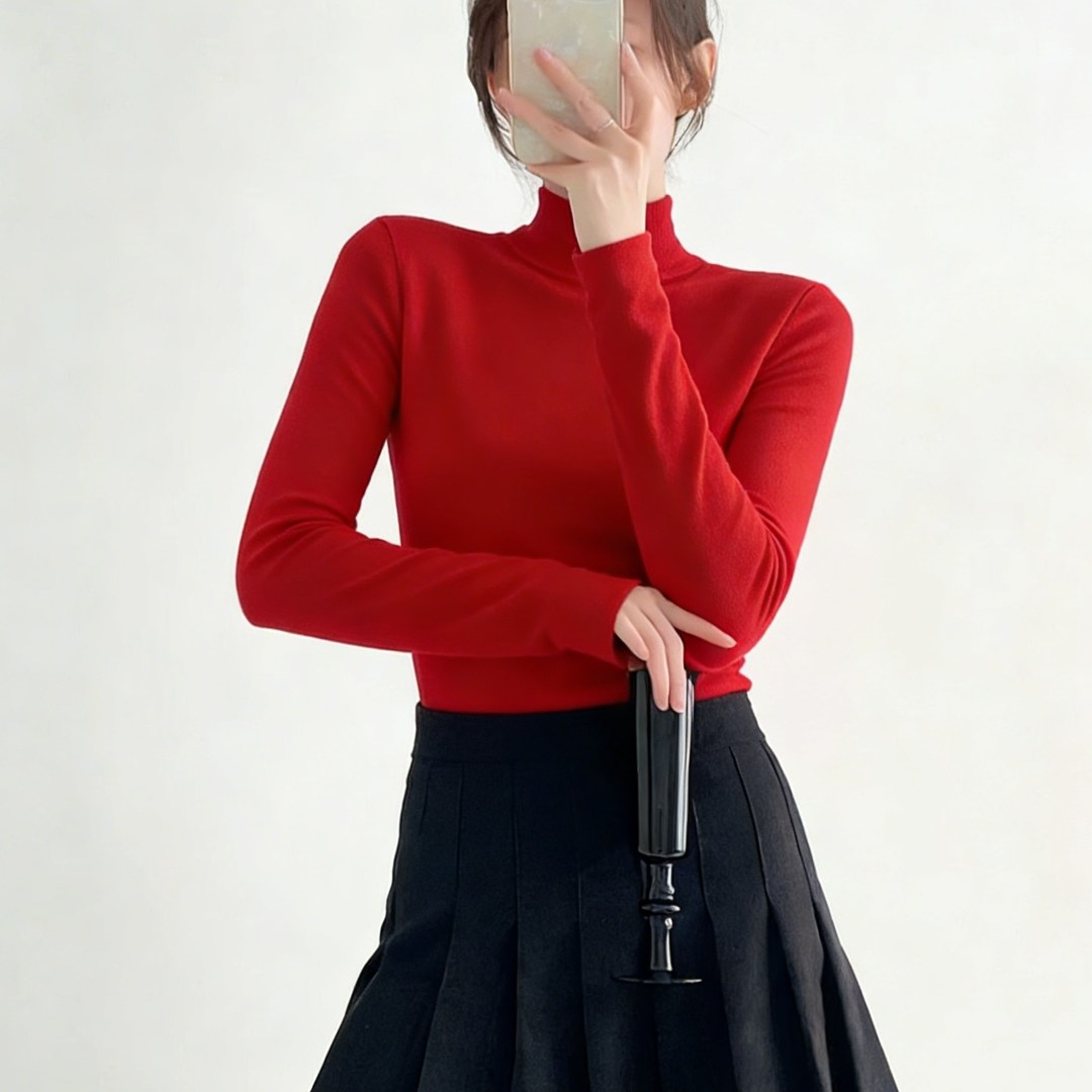 红色半高领针织毛衣女2026新年氛围感小众精致修身显瘦内搭打底衫,女装/女士精品,大码内搭,淘宝优惠券,粉丝福利购,淘宝优惠卷